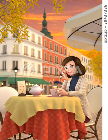 3d イラスト 街角のカフェで珈琲を飲んでいる女性のイラスト素材
