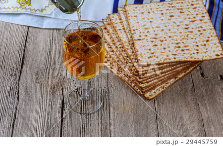 Matzo for Passover and wine on table 29445759