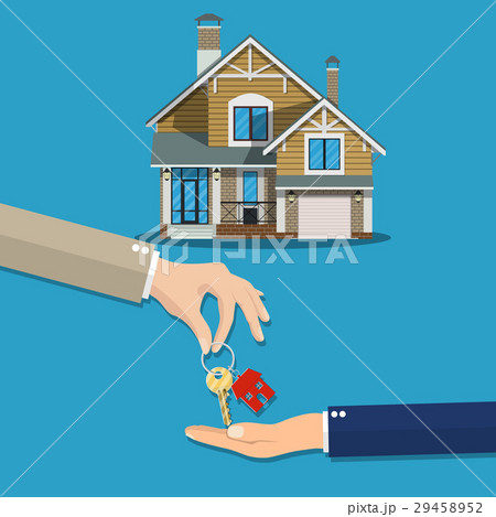 hand gives house door keys to another hand. hand gives house door keys to another hand. 29458952