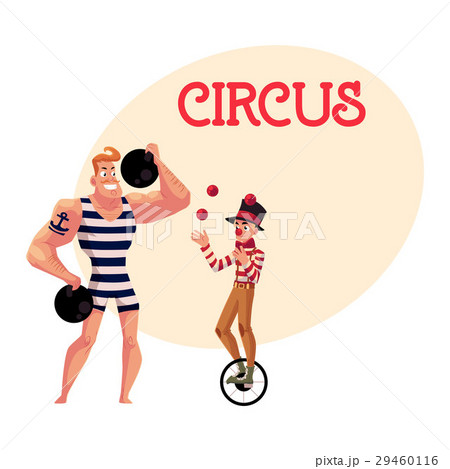 Circus performers - strong man and clown juggling Circus performers - strong man and clown juggling 29460116
