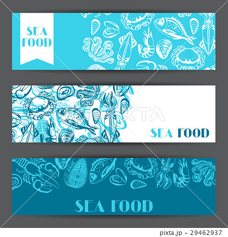 Banners with various seafood. Illustration of fish 29462937