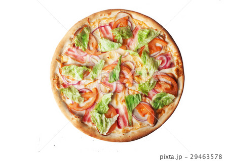 Pizza with bacon ham and salad leaves top view 29463578