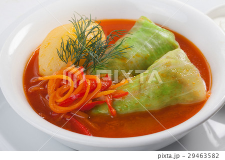 Cabbage rolls on a plate with potatoes and tomato 29463582
