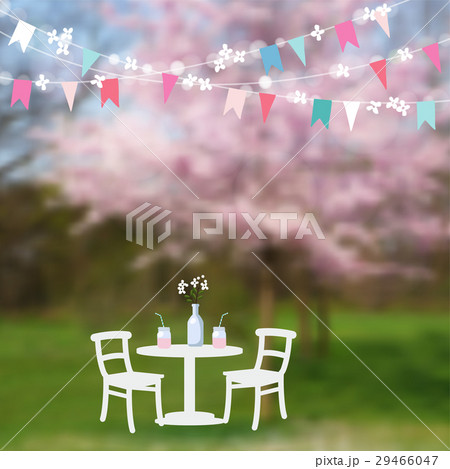 Spring garden party. Table with drinks and paper 29466047