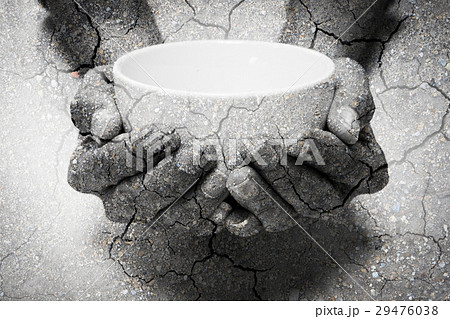Double exposure hunger begging hands and dry soil 29476038