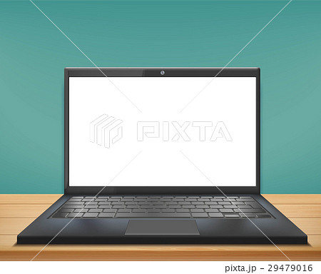 Laptop with white screen stands on a wooden table. 29479016