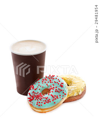 Cup of coffee with tasty donuts isolated 29481954