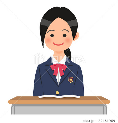 机に座る制服姿の女子高校生のイラスト素材