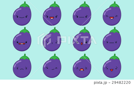 Set Of Vector Kawaii Eggplant Emoticons のイラスト素材 2942