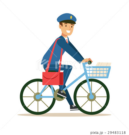 Postman In Blue Uniform On a Bicycle Deliveringのイラスト素材 [29483118] - PIXTA