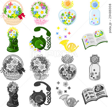 花かごと花束と瓶とポストと電話とホルンと本などの 小さな花の雑貨のアイコンいろいろのイラスト素材