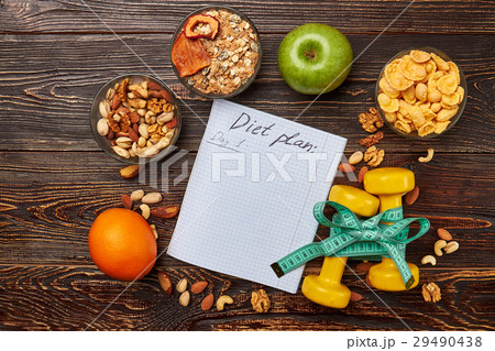 Copybook, fruits, nuts and dumbbells. 29490438