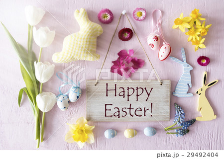 Easter Flat Lay With Flowers, Text Happy Easter 29492404