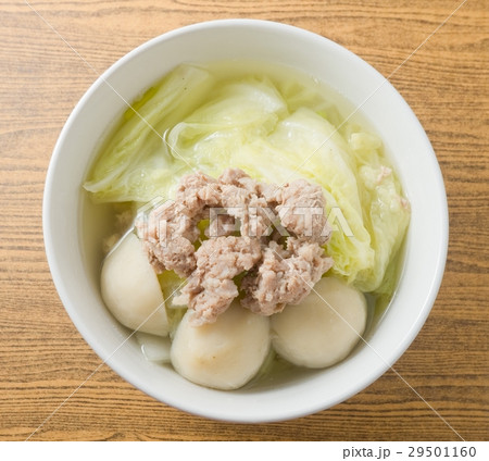 Top View of Lettuce Soup with Meat Ball 29501160