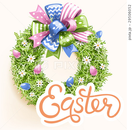Easter Festive Grass Wreath with Bow on Beige 29506052