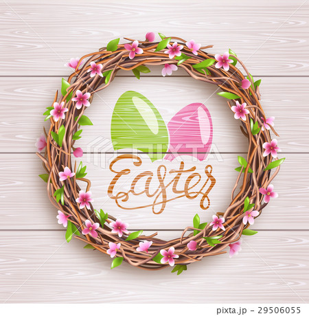 Easter Festive Twigs Wreath with Flowers on Wooden 29506055