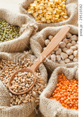 hessian bags of whole cereal grains top view 29510582