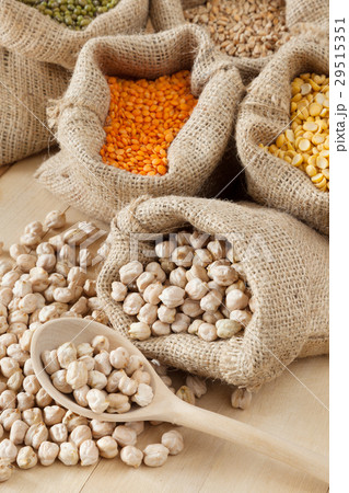 hessian bag with chickpeas and sack with grains 29515351
