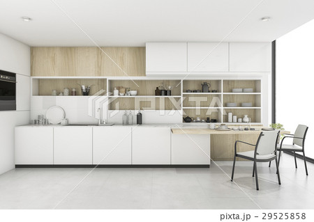 3d rendering white kitchen with minimal style deco 3d rendering white kitchen with minimal style deco 29525858