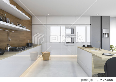 3d rendering nice wood kitchen with dining bar 3d rendering nice wood kitchen with dining bar 29525866