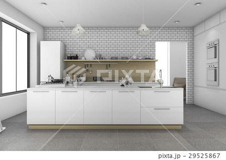 3d rendering nice tile kitchen with brick wall 29525867