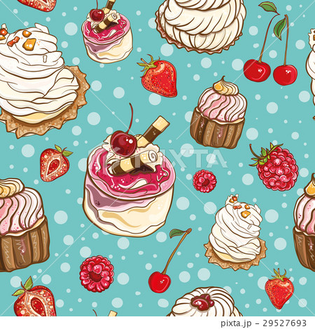 Seamless pattern with cakes and berries 29527693