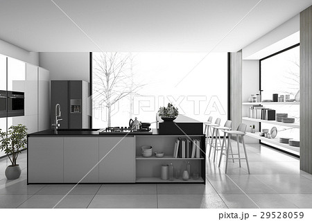 white modern kitchen and loft dining room 29528059