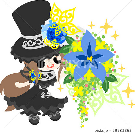 黒いシルクハットの少女と綺麗な花束のイラスト素材