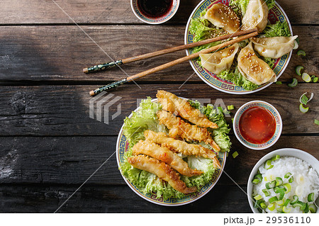 Fried tempura shrimps with sauces Fried tempura shrimps with sauces 29536110