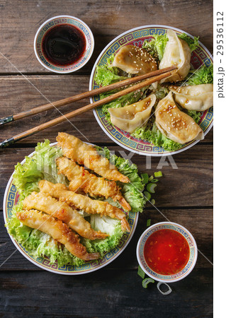 Fried tempura shrimps with sauces Fried tempura shrimps with sauces 29536112