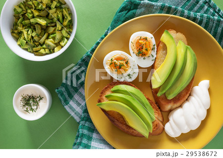 Open sandwiches with avocado, eggs and sauce Open sandwiches with avocado, eggs and sauce 29538672
