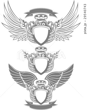 Racing emblem with engine, wings and ribbon 29540743