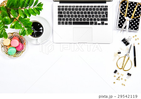 Feminine workplace. Coffee cookies office supplies Feminine workplace. Coffee cookies office supplies 29542119