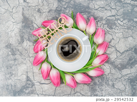 Coffee pink tulip flowers Hello spring Floral flat 29542532