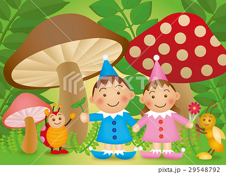森の小人 Cs2 子供 こども きのこ てんとう虫 ミツバチ 妖精 小人 絵本 童話 おはのイラスト素材
