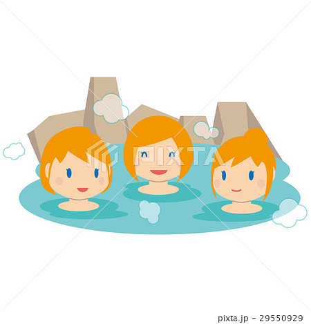 かわいい金髪外国人 女性3人 温泉に入るのイラスト素材