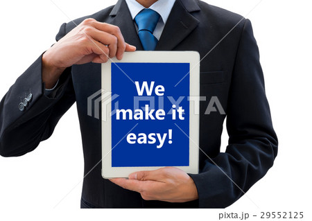 Businessman using tablet telling make it easy Businessman using tablet telling make it easy 29552125