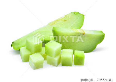 sliecd fresh chayote with cubes isolated on white sliecd fresh chayote with cubes isolated on white 29554181