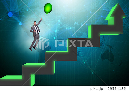 Businessman flying on hot balloon over graph Businessman flying on hot balloon over graph 29554186