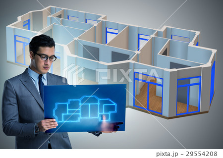Designer working on 3d futuristic apartment design 29554208