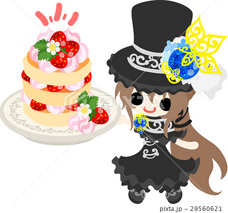 黒いシルクハットの少女とイチゴのパンケーキのイラスト素材