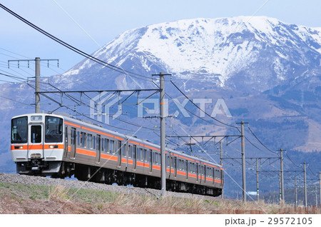 伊吹山をバックに走る東海道線311系普通電車の写真素材