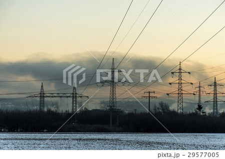 Winter electric power tower landscape Snow white Winter electric power tower landscape Snow white 29577005