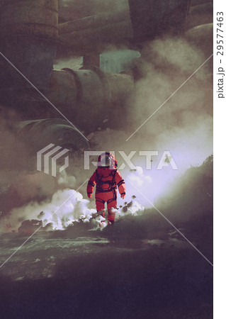 astronaut walking through smoke on planet 29577463