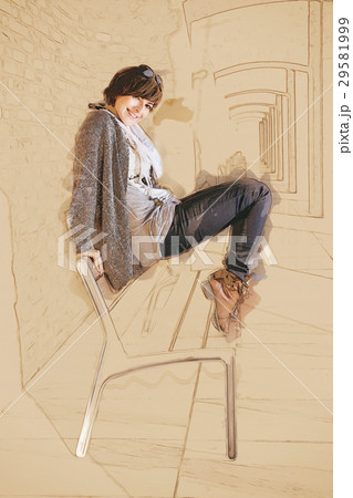 Beautiful woman on the bench, sketch, photo filter Beautiful woman on the bench, sketch, photo filter 29581999