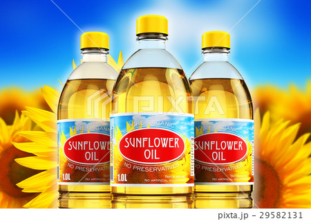 Group of plastic bottles with sunflower seed oil 29582131