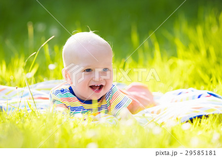 Baby boy with apple on family garden picnic 29585181