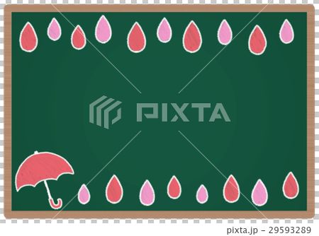 Blackboard with red and pink umbrellas and rain 29593289