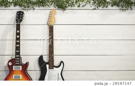 two electrical guitar near wooden wall two electrical guitar near wooden wall 29597147
