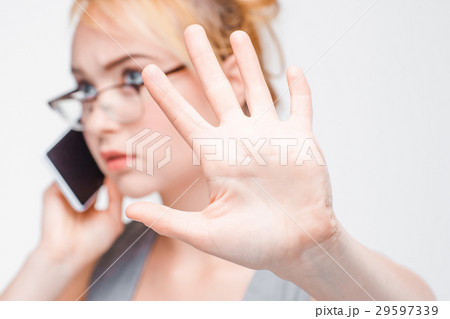Businesswoman talk on phone wait five minutes Businesswoman talk on phone wait five minutes 29597339
